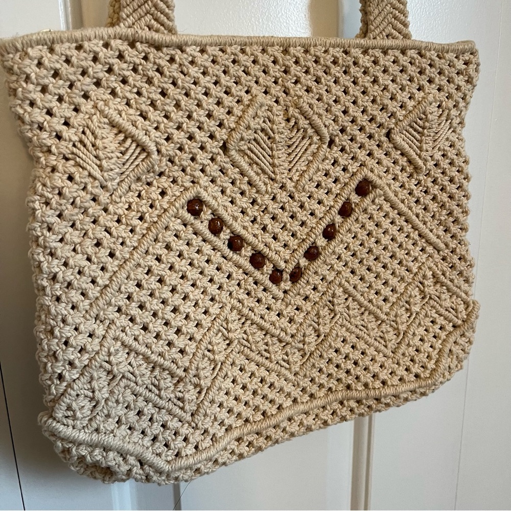 Vintage Macrame Woven Beaded Shoulder Bag - image 2